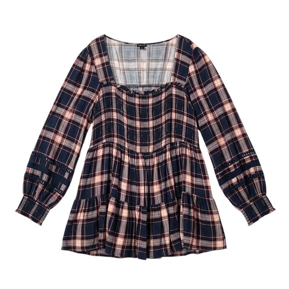 Torrid Babydoll w/ Lace Insert Smocked Tiered Top Blue/Pink Plaid SZ 4 ( 26) EUC - Picture 5 of 8